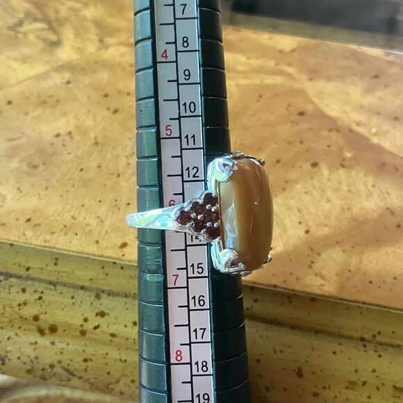 Natural Caramel Opal Red Garnet Sterling Silver Ring Size 6 - Picture 8 of 9
